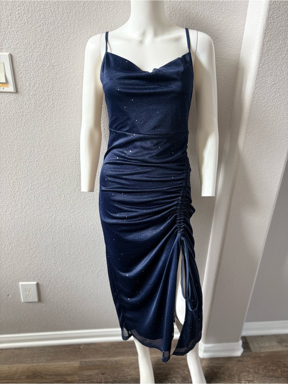Navy Sparkle Cowl Neck Ruched Midi Dress